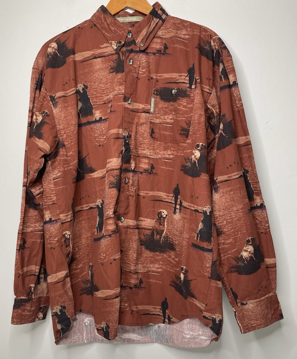 Columbia River Lodge Mens L Retriever Dog Print Cotton Button Up Shirt Brown